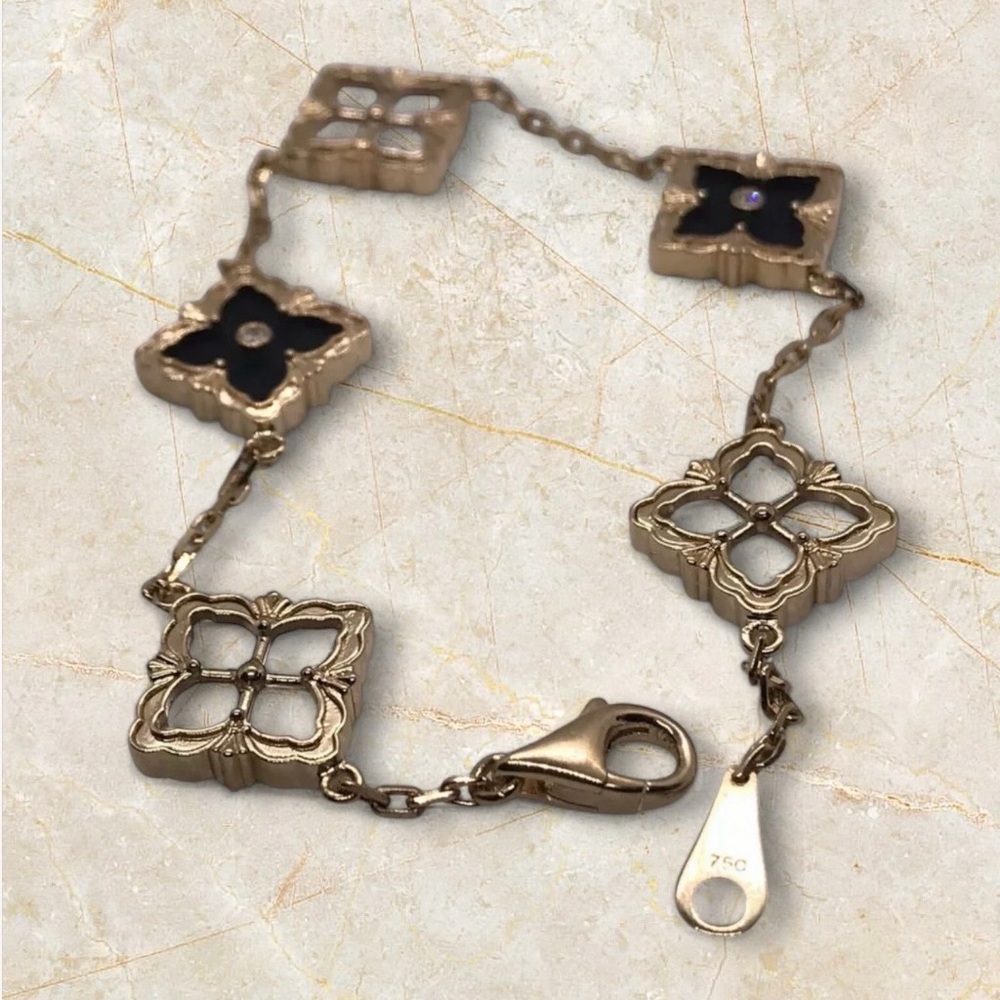 Solid Gold and Diamond Clover  5 Motive Bracelet 18 K Gold 750 Italy two side